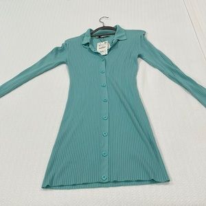 Brand New Ribbed Knit Zara Turquoise Dress, Long Sleeve, MIDI Dress, Button Up
